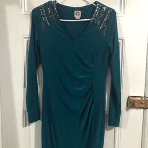 Anne Klein teal beaded shoulder dress size small